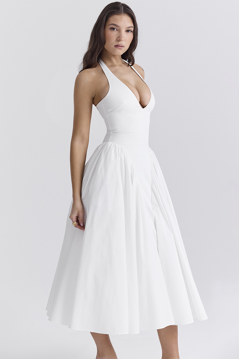 Deep V Neck Halter Cinch Waist Plain Midi Dresses-White