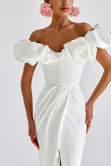 Puffy Ruffled Trim Off Shoulder Corset Slit Formal Party Maxi Dresses-White