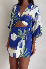Plants Print 3/4 Sleeve Blouse High Waist Shorts Matching Set-Blue