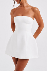 Boat Neck Solid Color A-Line Wide Hem Cocktail Party Mini Tank Dresses-White