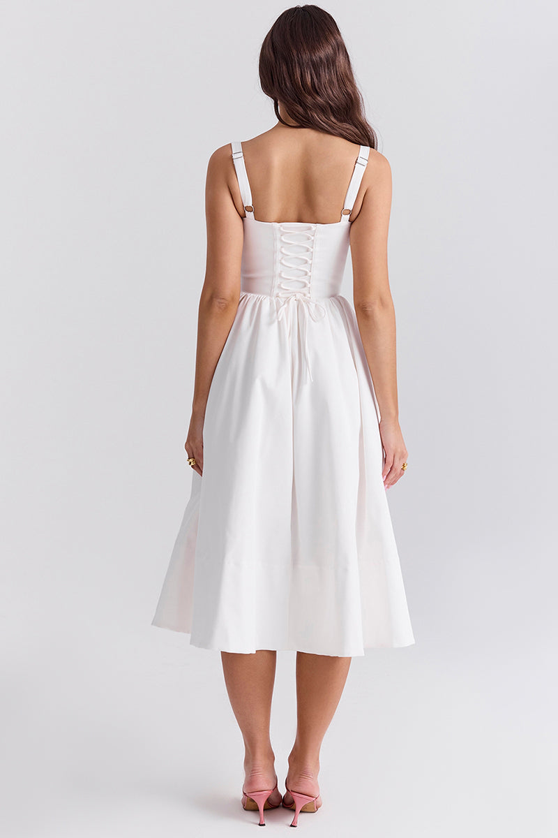 Spaghetti Strap Corset Lace Up Pocket Slit Midi Dresses-White