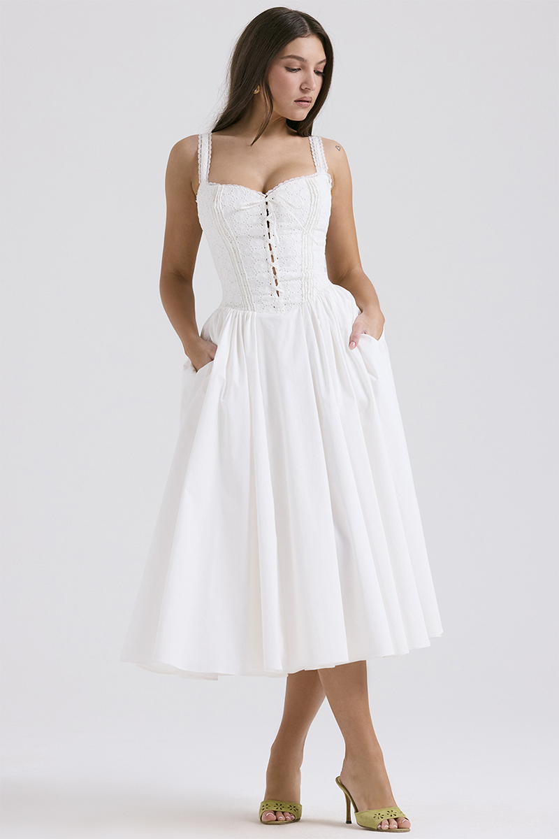 Lace Trim Front Lace Up Corset A-Line Slip Midi Dresses-White Pre Order