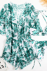 Tropical Print Romper Halter Bikini Three-Piece Swimsuit Matching Set
