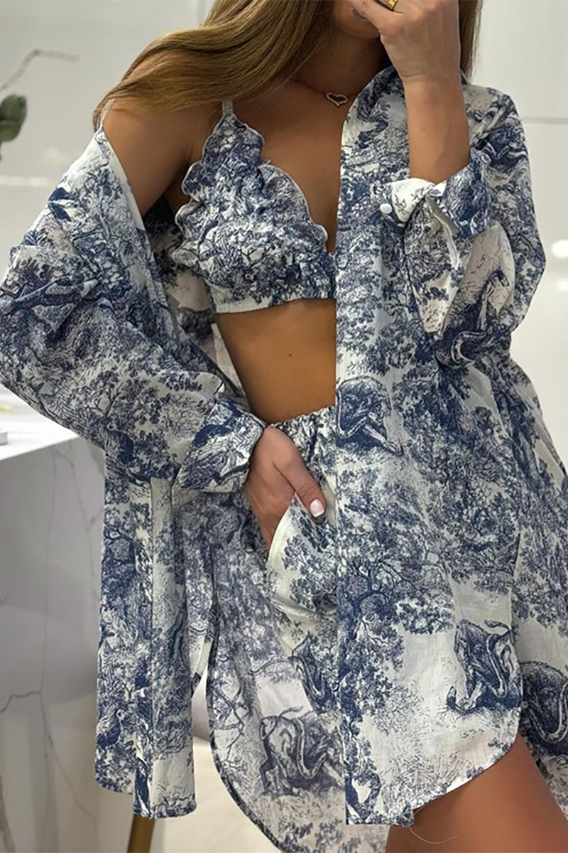 Ink Painting Print Long Sleeve Blouse Halter Bra Shorts Three-Piece Set-Blue