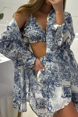 Ink Painting Print Long Sleeve Blouse Halter Bra Shorts Three-Piece Set-Blue