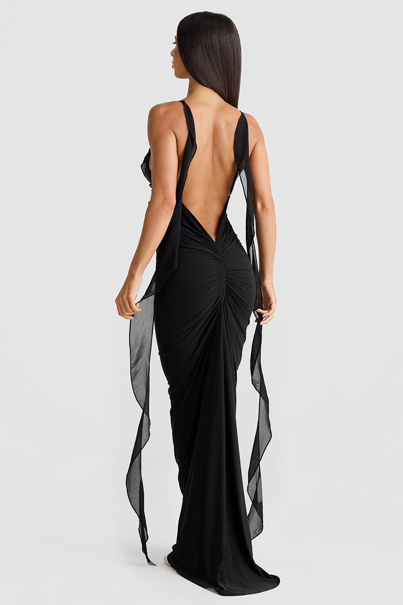 Deep V Neck Backless Bodycon Ruffled Streamer Party Maxi Slip Dresses-Red