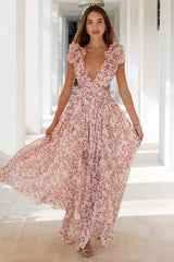 Deep V Neck Slim Ruffled Shoulder Backless Tied Up Cutout Floral Print Vacation Maxi Dresses