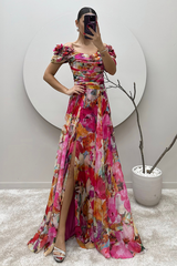 Floral Print Off Shoulder Ruched Slit Maxi Dresses-Fuchsia