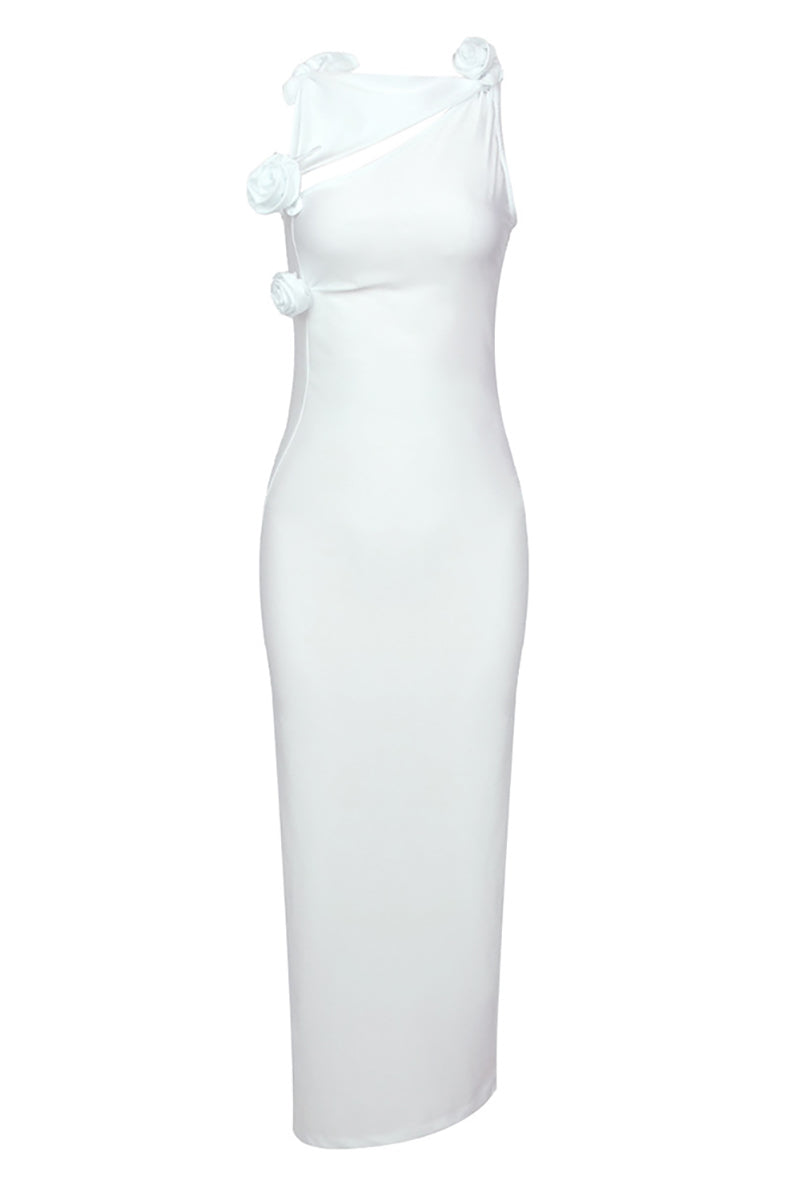 3D Flower Decor Asymmetric Neck Sleeveless Satin Formal Party High Slit Maxi Dresses