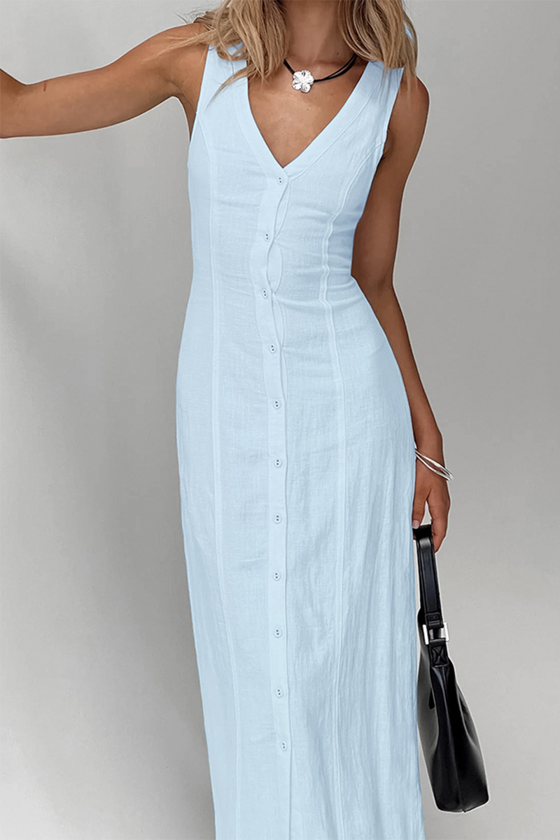 V Neck Button Up Solid Color Slim Fit Maxi Tank Dresses-White