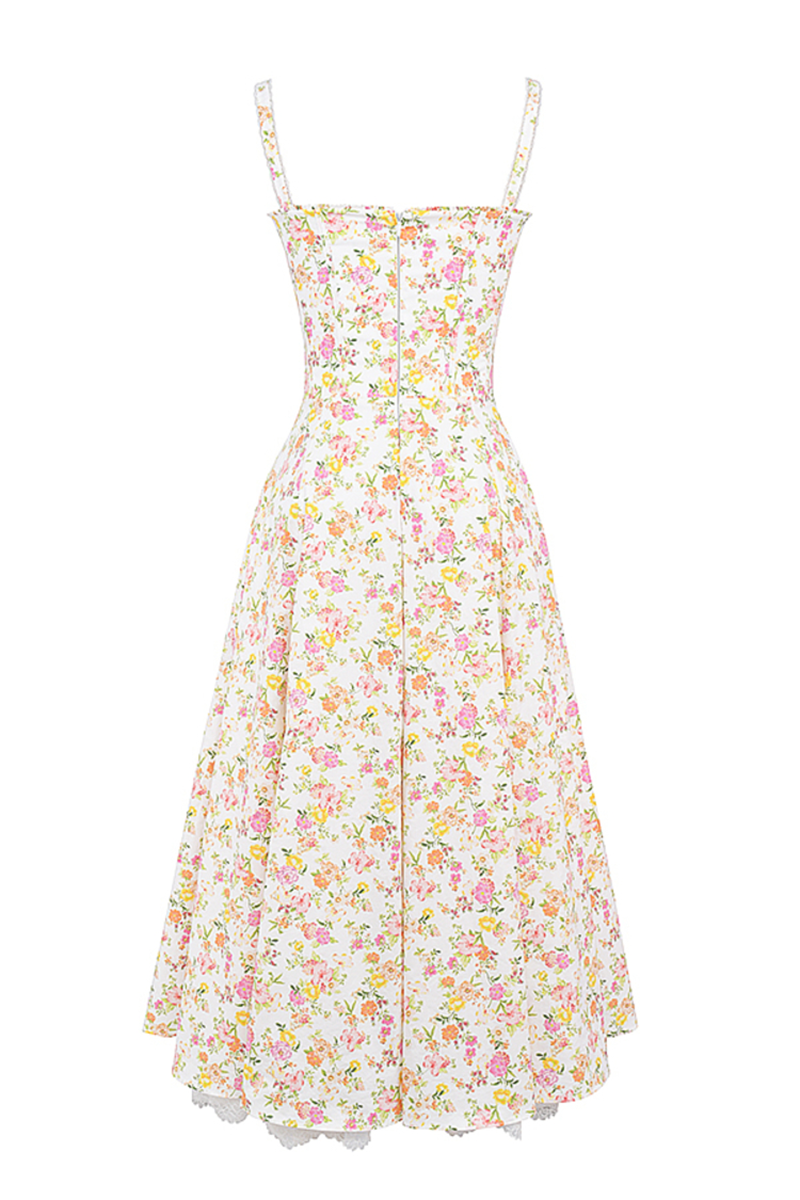 Ditsy Floral Print Sweetheart Neckline A-Line Lace Trim Slip Midi Dresses-White