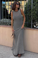 Striped Pattern Round Neck Slim Fit Knit Maxi Tank Dresses-Black