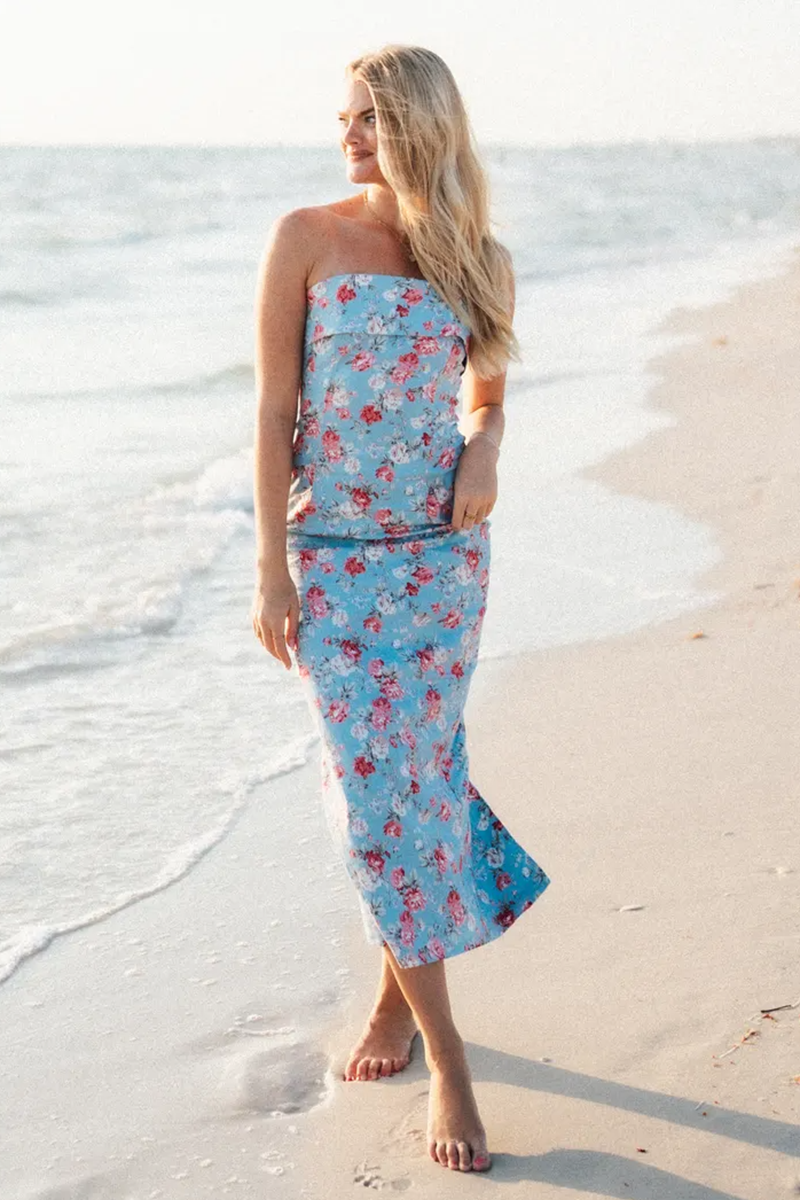 Floral Print Slim Fit Slit Hem Midi Tube Dresses-Blue Pre Order