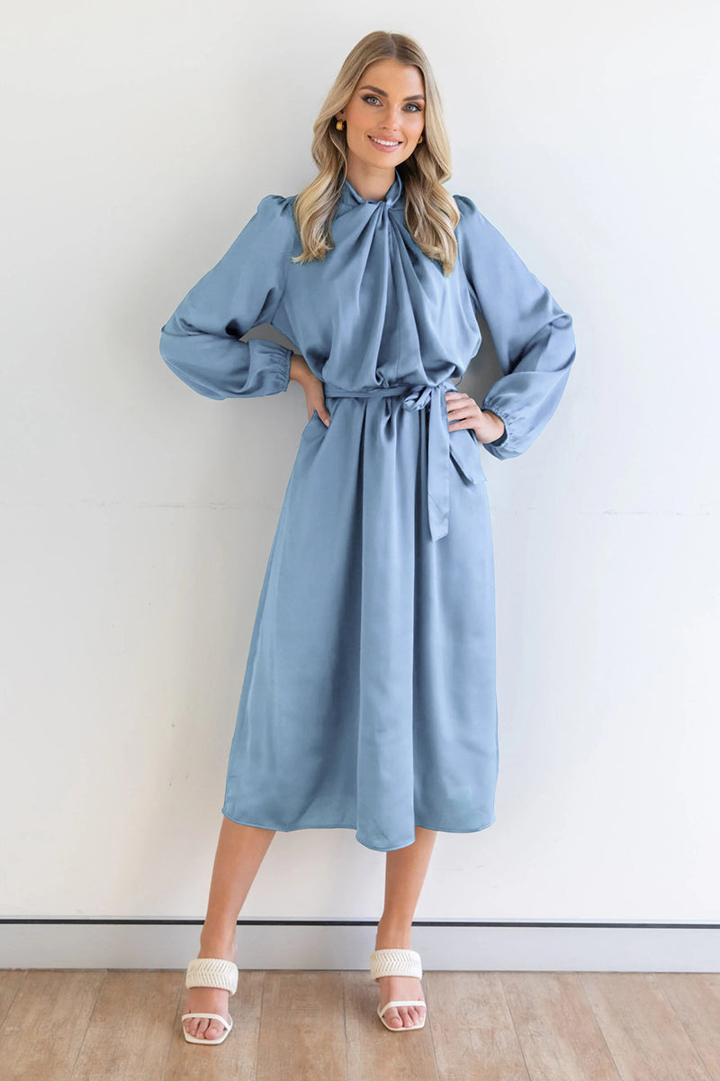 Ruched Knotted Long Sleeve Satin Midi Dresses