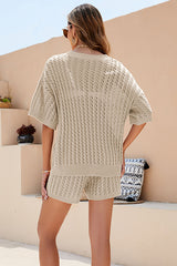 Knitted V Neck Hollow Out Short Sleeve Top High Waist Tied Up Shorts Matching Set
