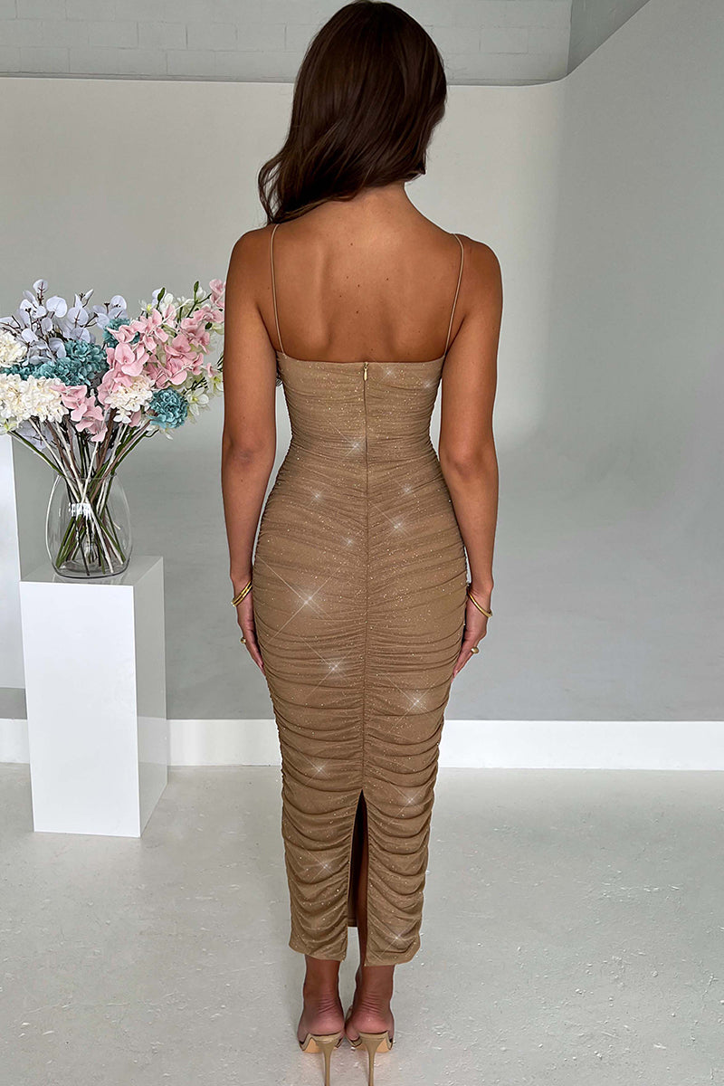 Ruched Bronzing Back Slit Formal Party Slip Maxi Dresses