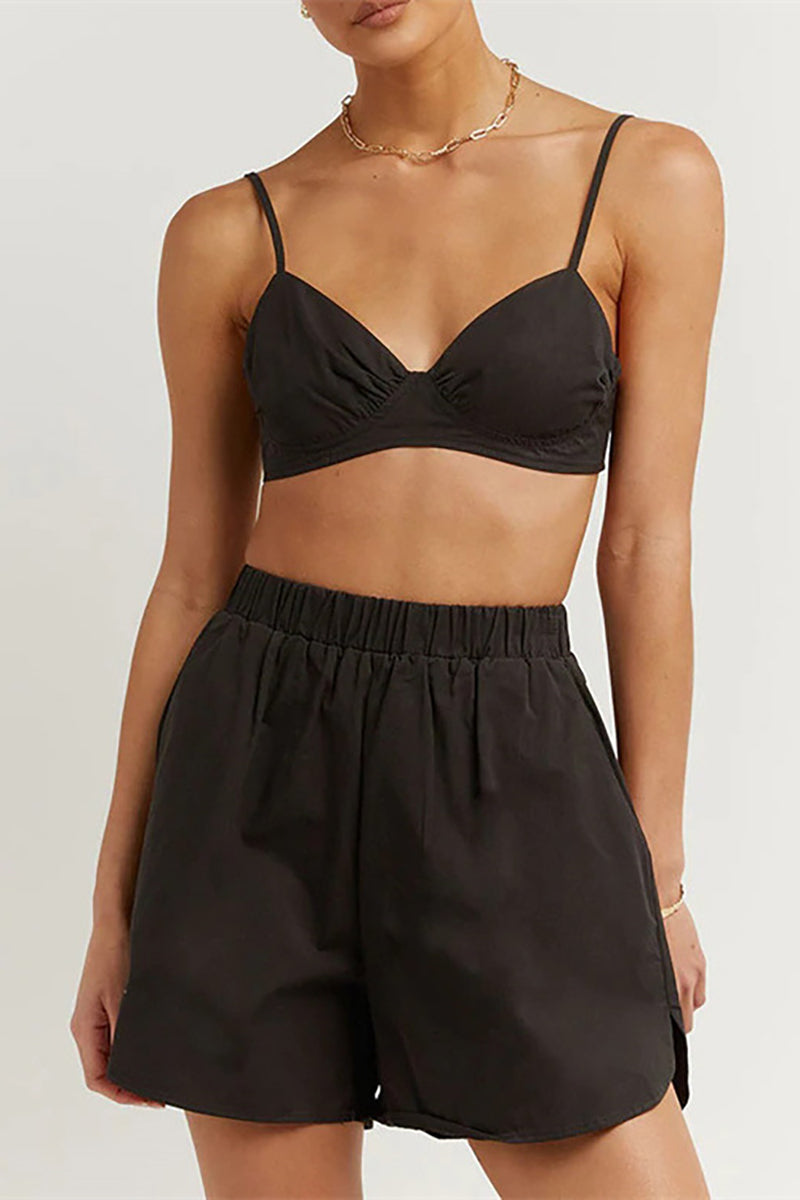 Long Sleeve Blouses Cami Crop Top 3pcs Shorts Set