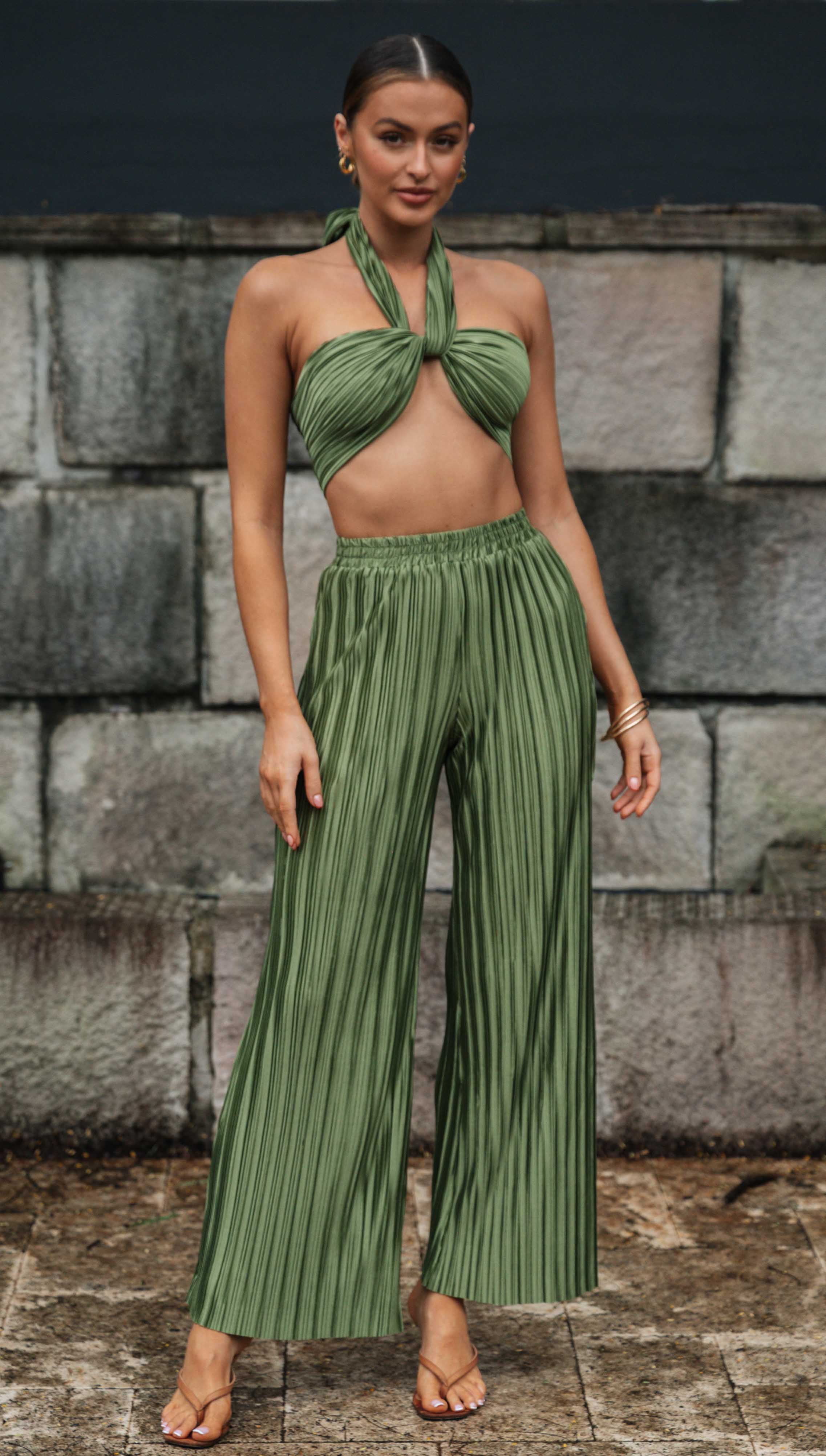 Two Piece Pleated Halter Pant Set