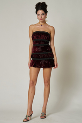 Floral Pattern Boat Neck Slim Fit Velvet Mini Tube Dresses-Burgundy