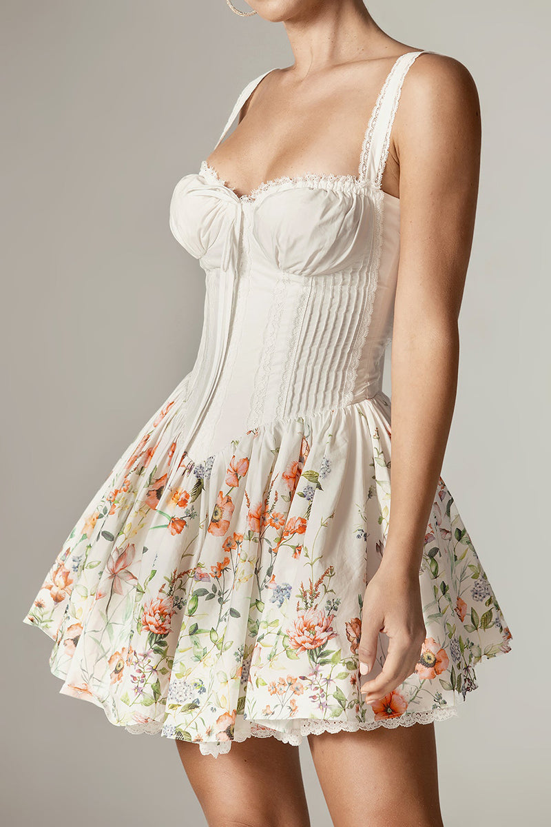 Floral Print Hem Curved Sleeveless Vacation Mini Dresses-White Pre Order