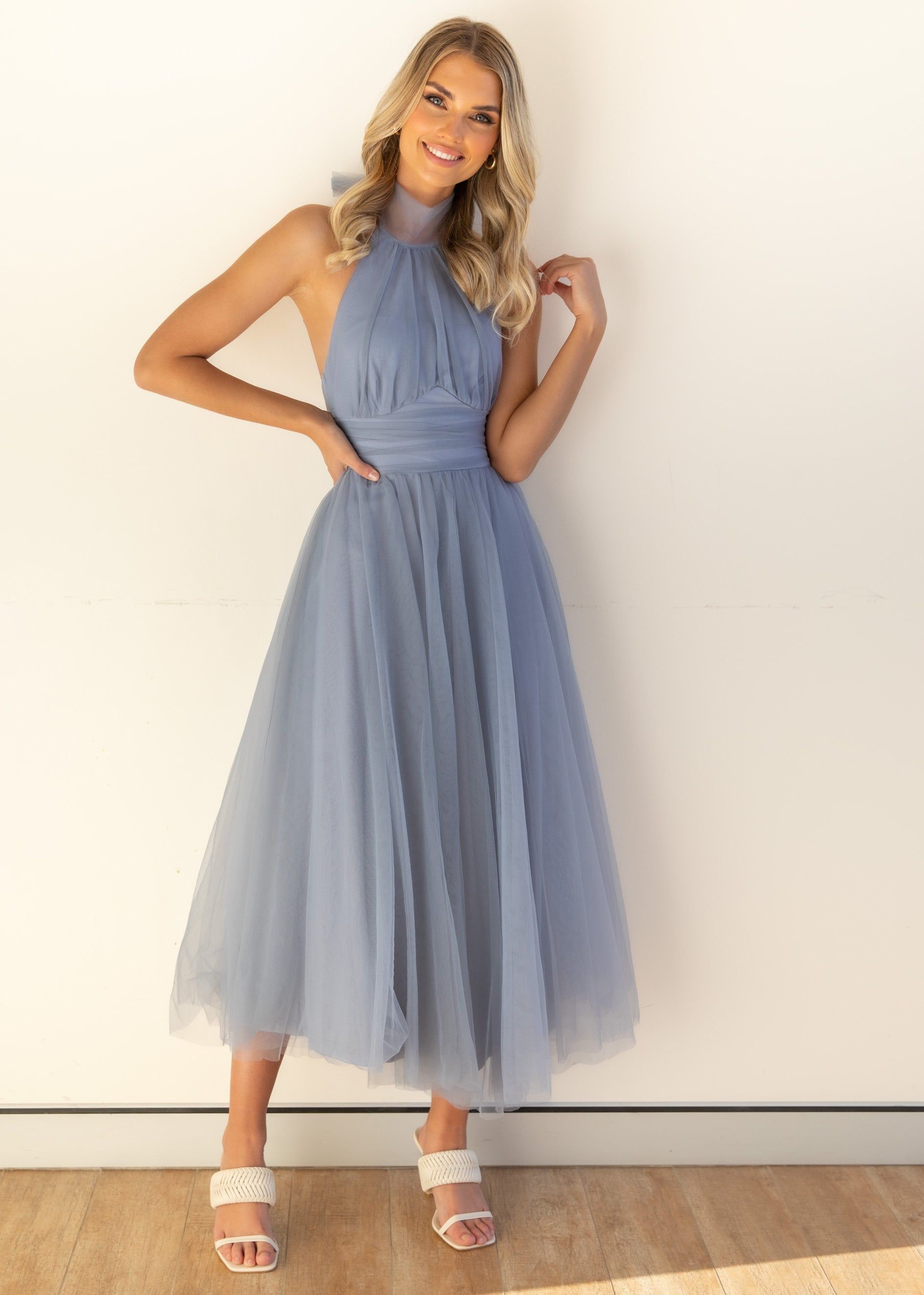Tulle Halter Bow Backless Prom Maxi Dresses