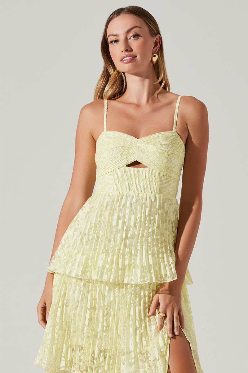 Floral Pattern Tiered Pleated Slit Hem Midi Slip Dresses-Yellow