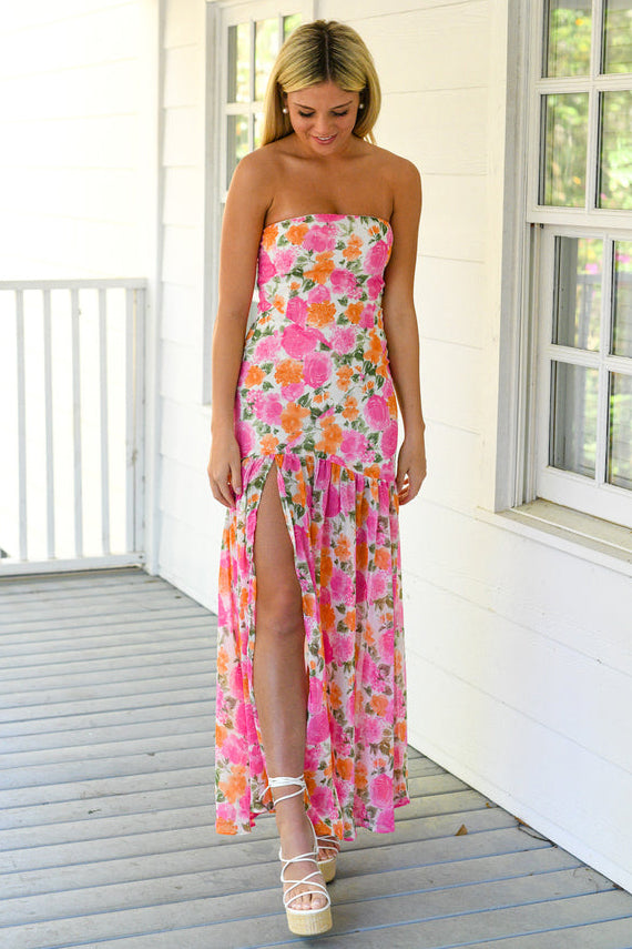 Floral Print Strapless Slit Side Flowy Maxi Dresses-Pink