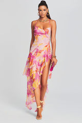 Vacation Cami Boat Neck Floral Print Irregular Ruffle Hem High Slit Tulle Maxi Dresses