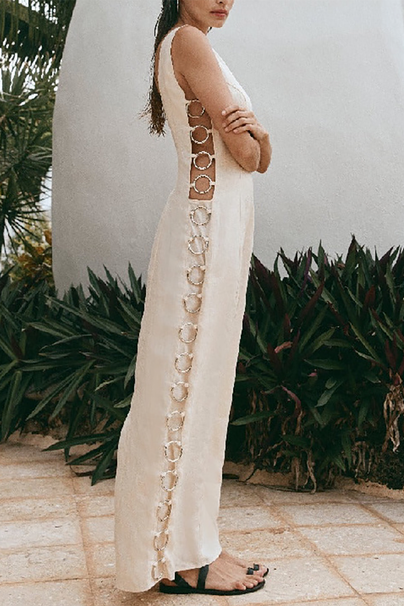 Graphic Print Backless Side Cutout O-Ring Decor Maxi Tank Dresses-Orange