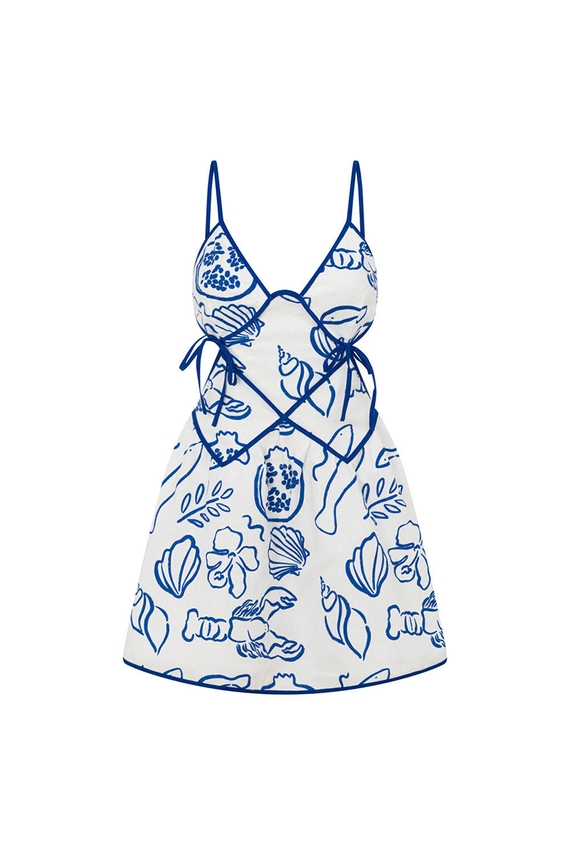 Doodle Print Deep V Neck Backless Tie Up Cutout Slip Mini Dresses-Blue