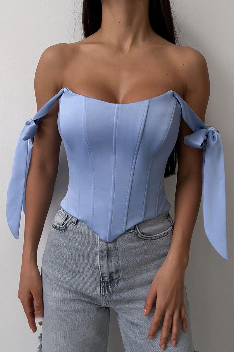 Off Shoulder Ribbon Decor Asymmetric Hem Party Plain Corset Top-Blue