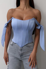 Off Shoulder Ribbon Decor Asymmetric Hem Party Plain Corset Top-Blue