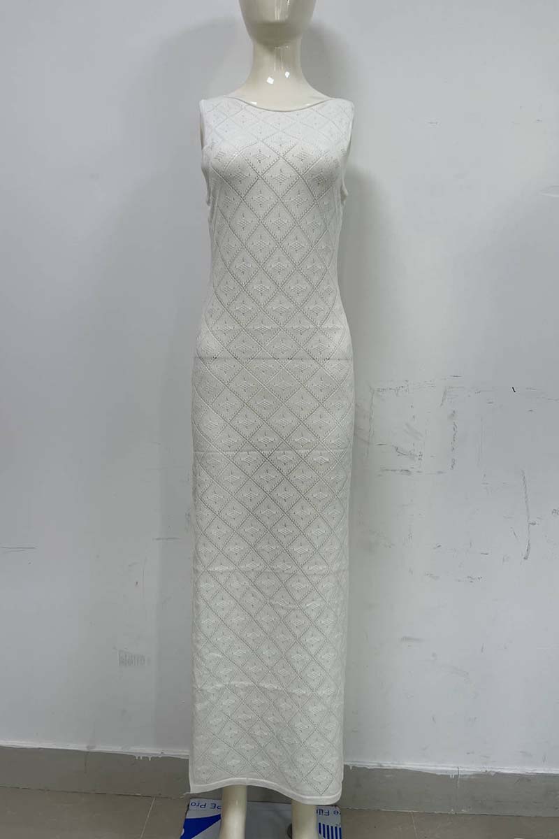 Hollow Out Boat Neck Sleeveless Knitted Bodycon High Slit Cover Up White Maxi Dresses