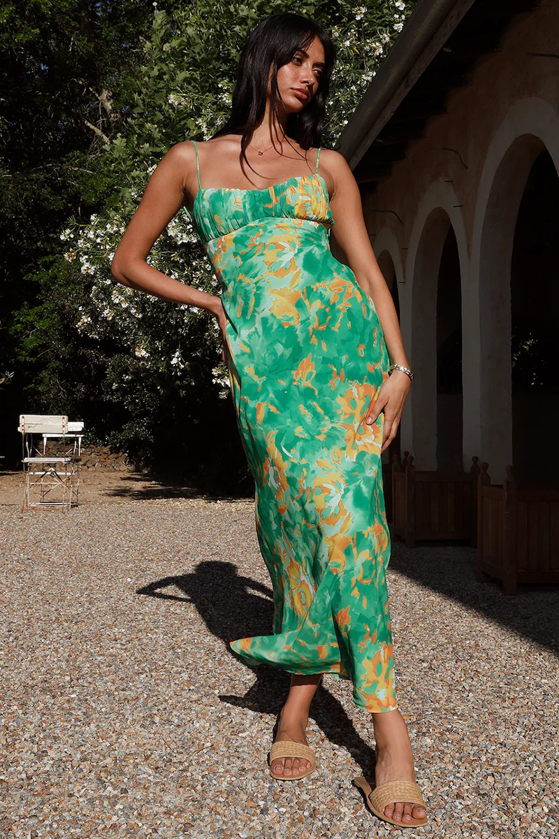 Floral Print Spaghetti Strap Open Back Maxi Dresses-Green