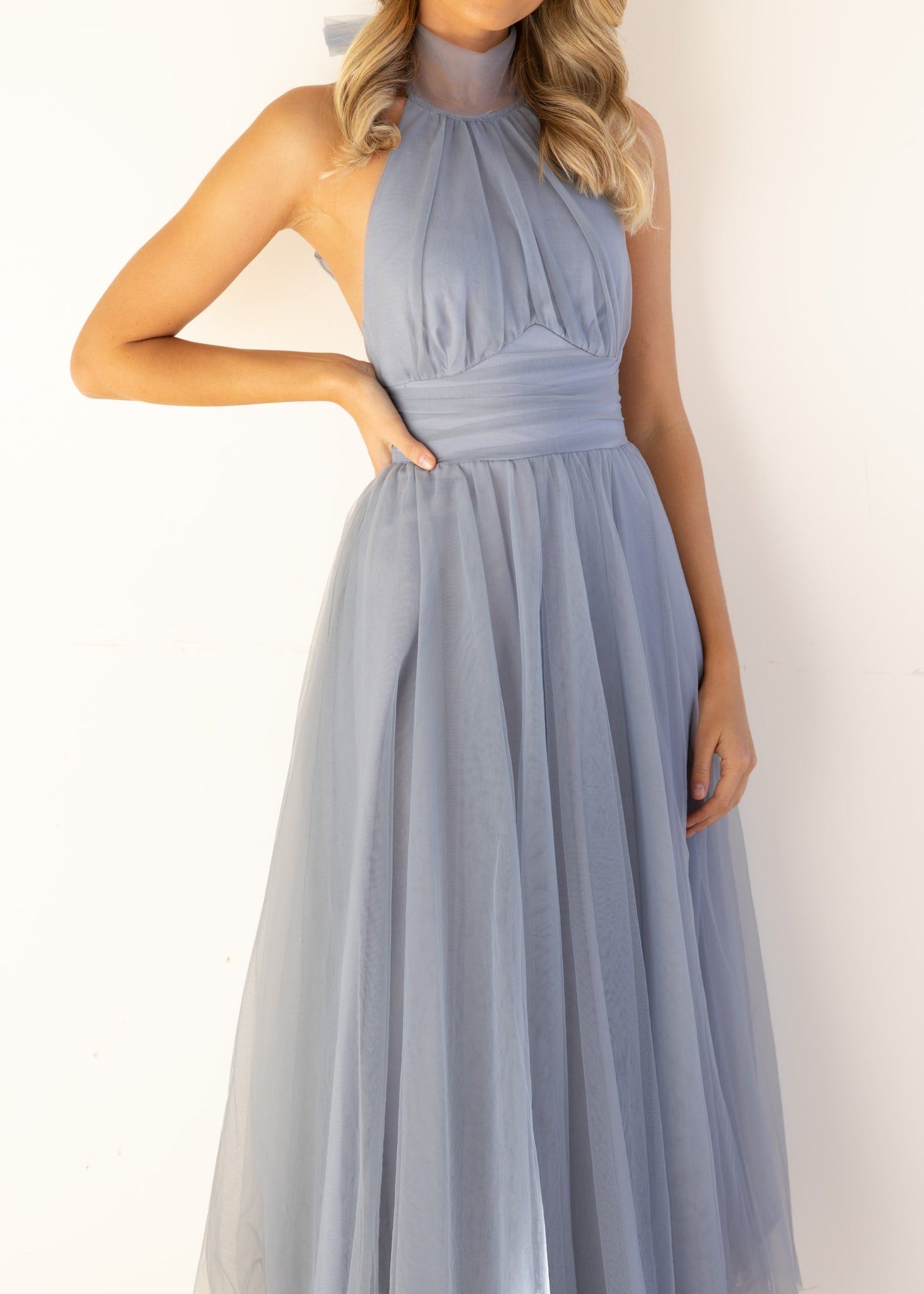 Tulle Halter Bow Backless Prom Maxi Dresses