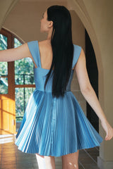 Tied Up Pleated Sweetheart Neck A-Line Mini Cami Dresses-Blue Pre Order