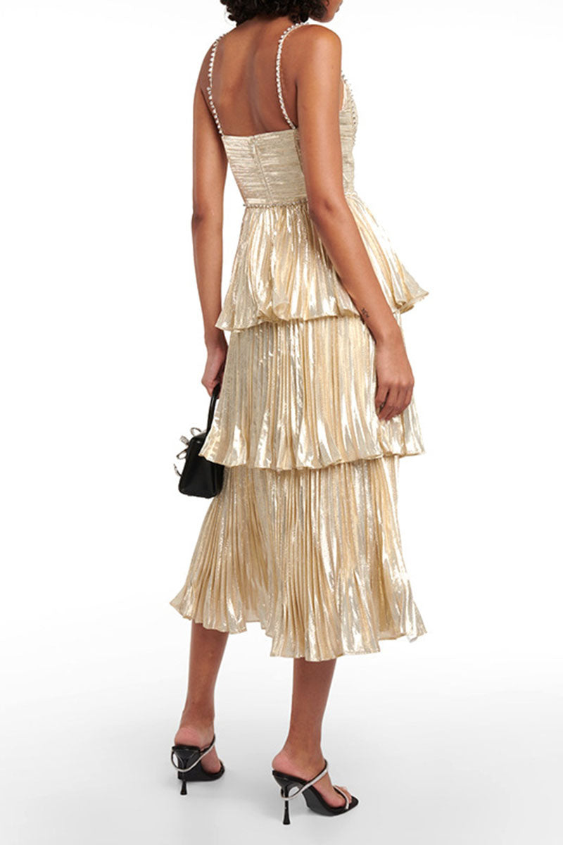 Diamante Straps Pleated Layered Party Satin Midi Slip Dresses-Champagne