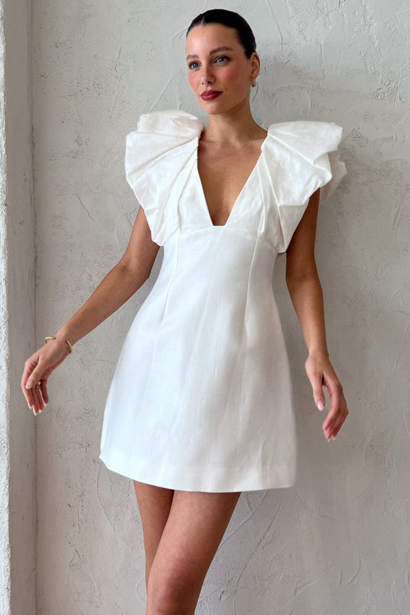 Deep V Neck Ruffle Short Sleeve Slim Satin Birthday Party White Mini Dresses