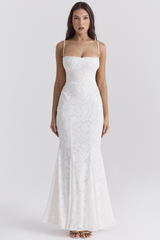 Jacquard Lace Back Lace Up Fishtail Hem Slip Maxi Dresses-White