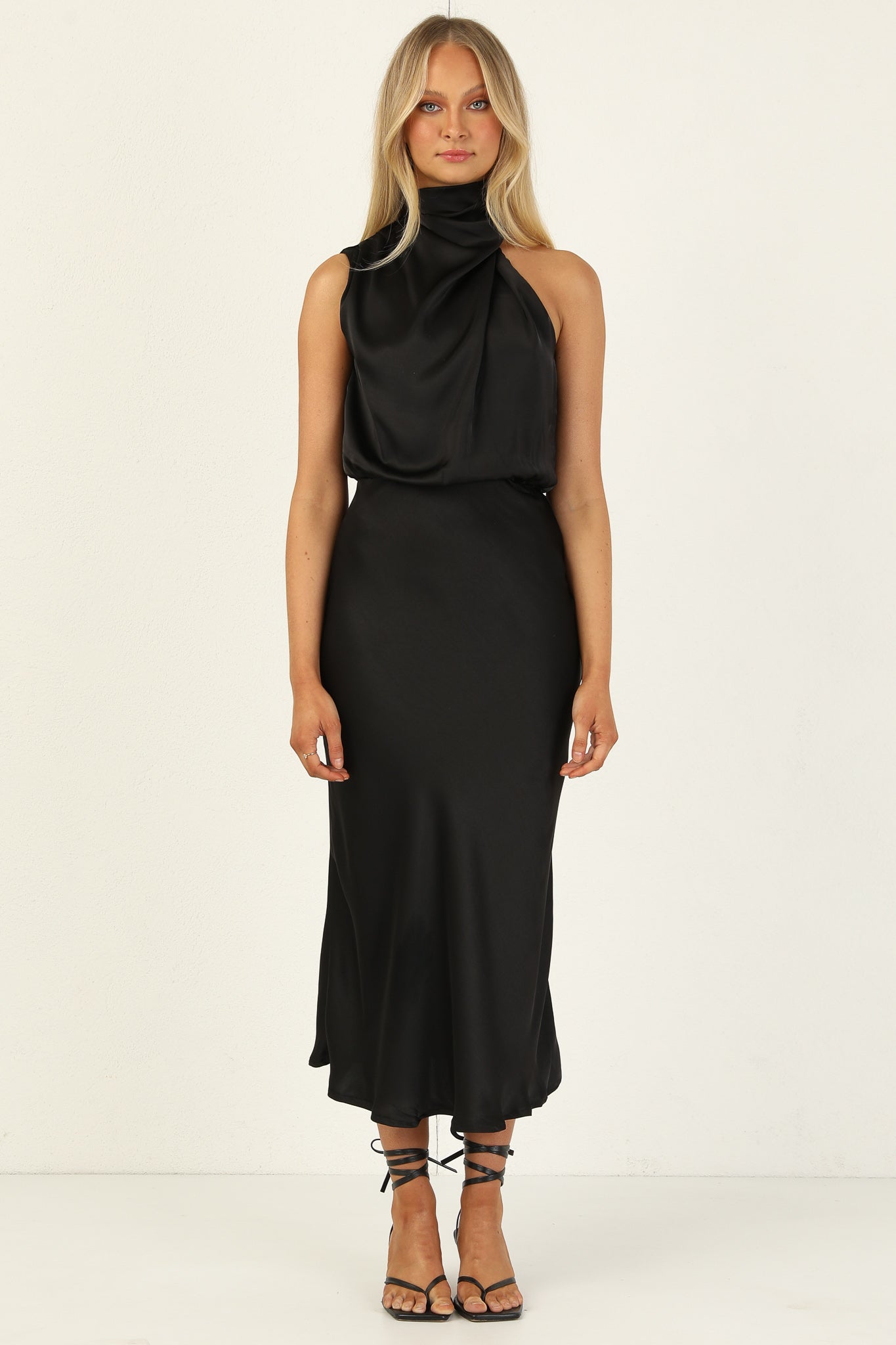 Turtleneck Sleeveless Satin Midi Dresses