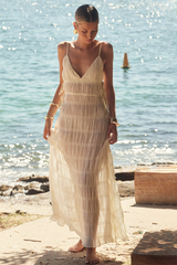 Deep V Neck Tiered Ruched Flowy Maxi Slip Dresses-Beige Pre Order