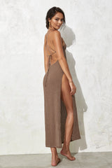 Ribbed Knit Open Back High Slit Maxi Dresses