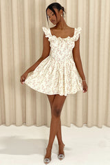 Ruffle Straps Floral Print Vacation A-Line Mini Dresses-Beige