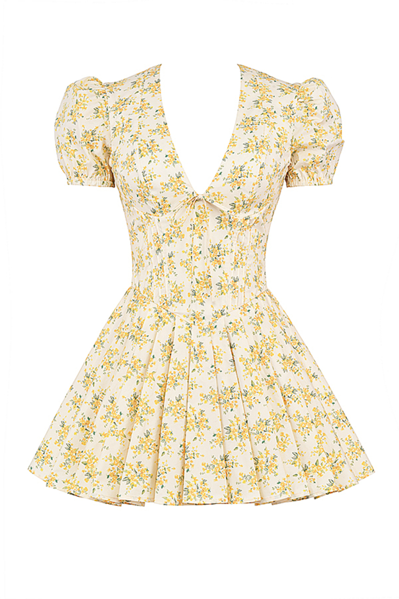 Deep V Neck Puff Sleeve Corset Ditsy Floral Print A-Line Pleated Mini Dresses-Yellow