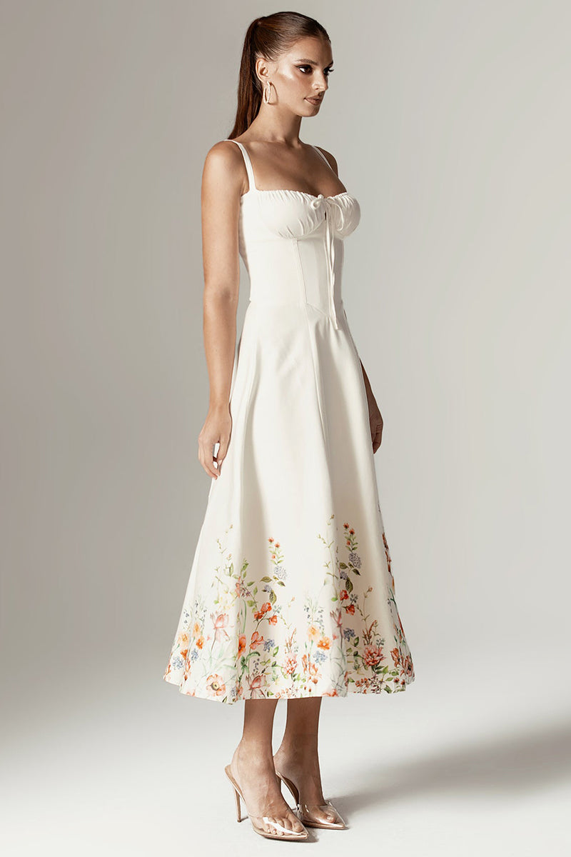 Floral Print Gathered Bust Corset A-Line Midi Slip Dresses-White