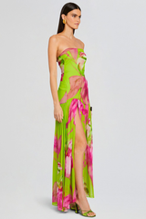 Floral Print Slim Fit High Slit Vacation Maxi Tube Dresses-Green