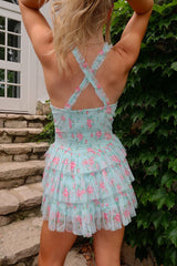 Floral Print Lace-Up V Neck Vacation Mini Tulle Dresses-Blue