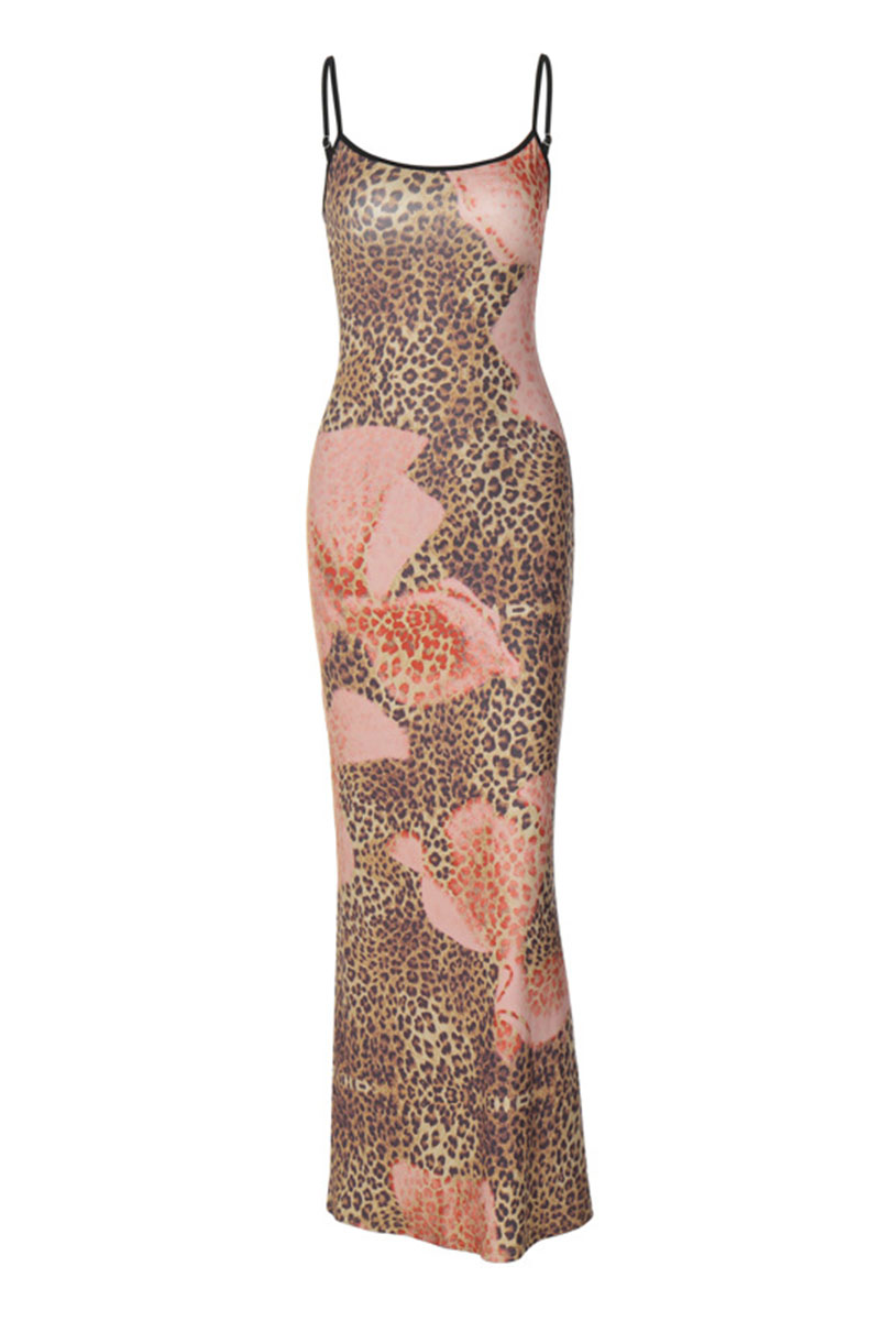 Leopard Print Slim-Fit Cocktail Party Maxi Slip Dresses-Brown