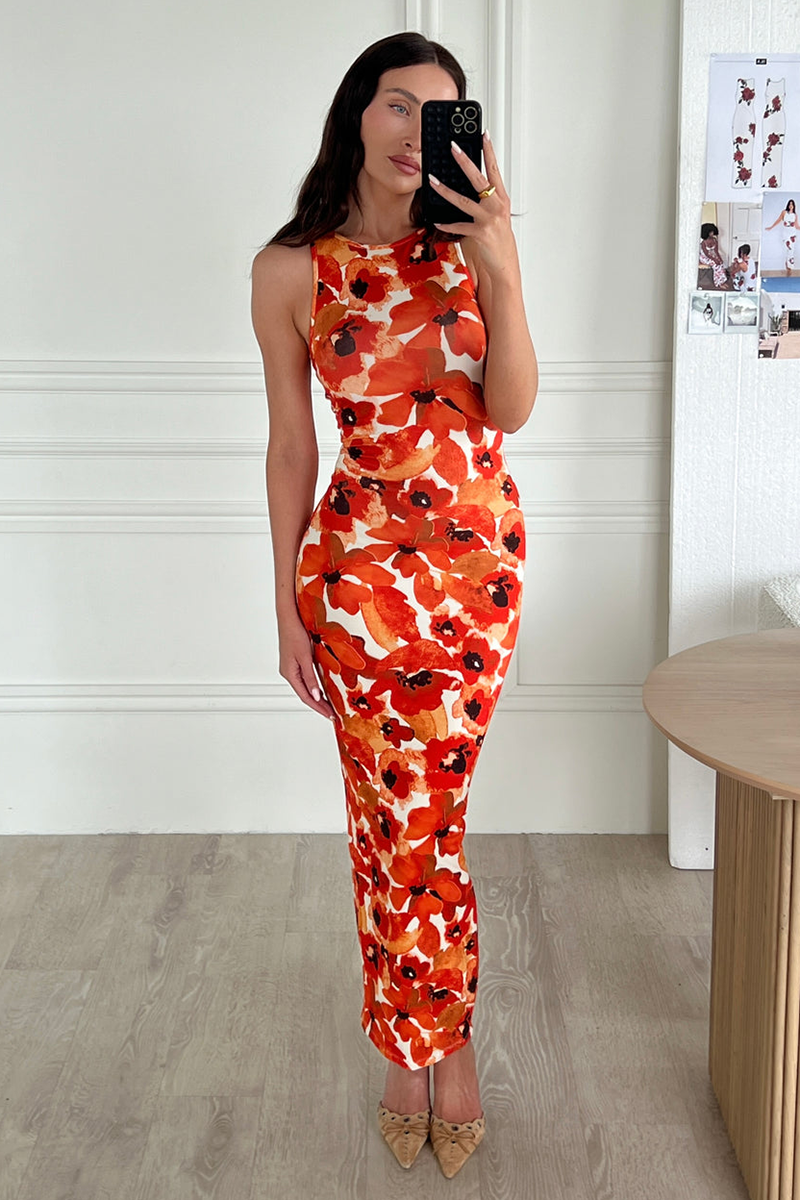 Floral Print Slim Fit Maxi Tank Dresses-Red Pre Order