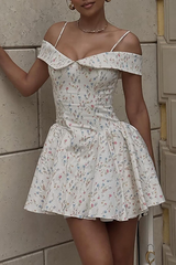 Ditsy Floral Print Dropped Shoulder Cinch Waist Mini Slip Dresses-White